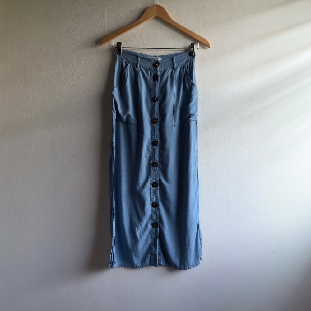 Urban Outfitters Linen Blend Button Front Midi Skirt Women XS Blue Coastal Boho